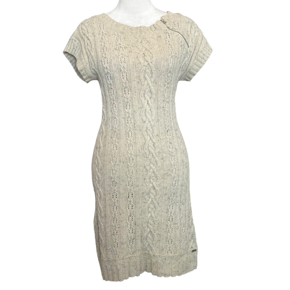 Tommy Hilfiger Sweater Dress Size S Cream Chunky Knit Zipper Detail Wool Blend